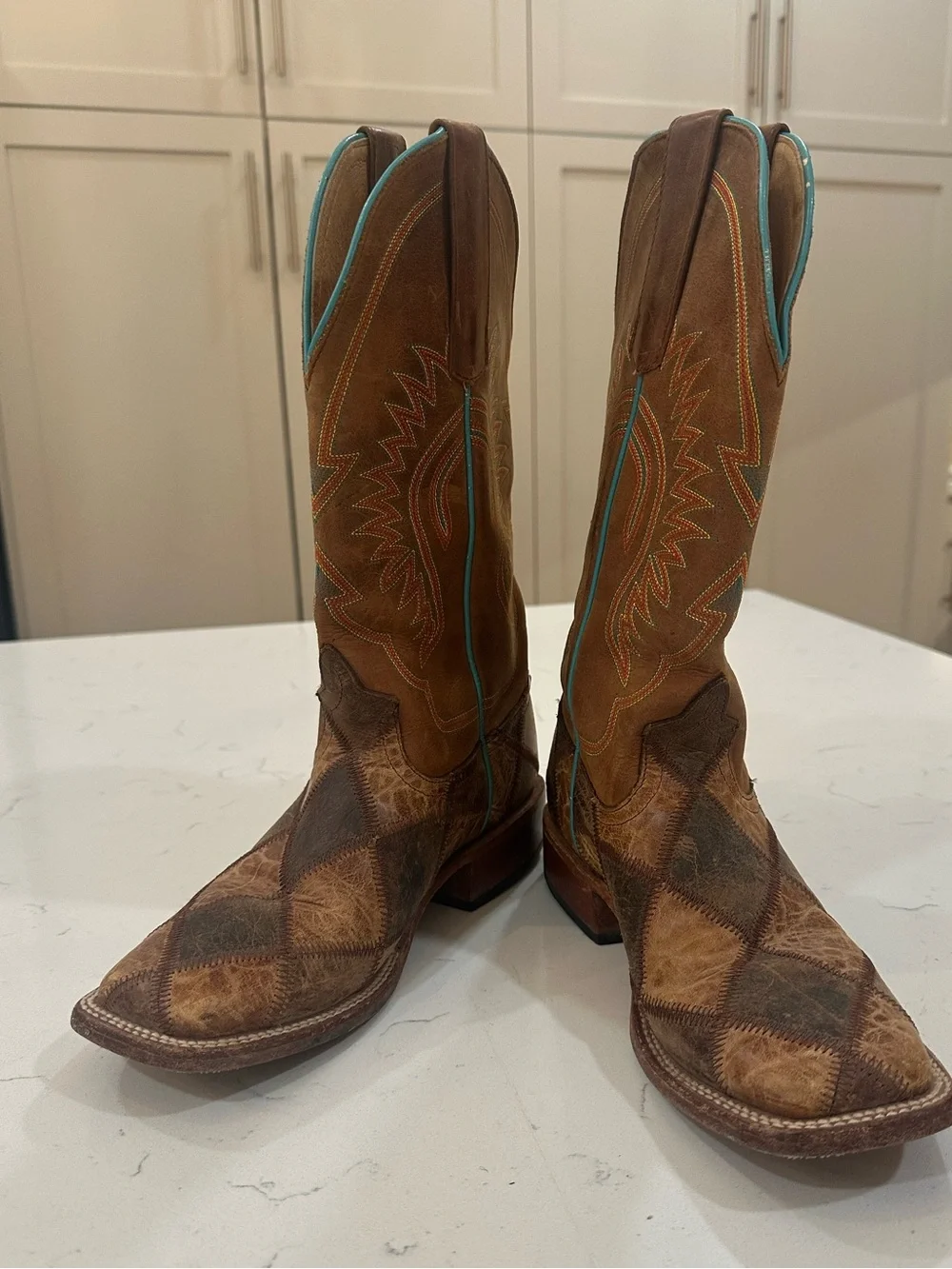 Anderson Bean Patchwork Brown Leather Cowboy Boots w Turquoise Stitching- boys 4